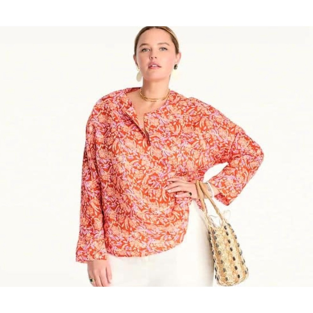 J. Crew Ramie Long Sleeve Tunic Top in Painted Block Print Size L